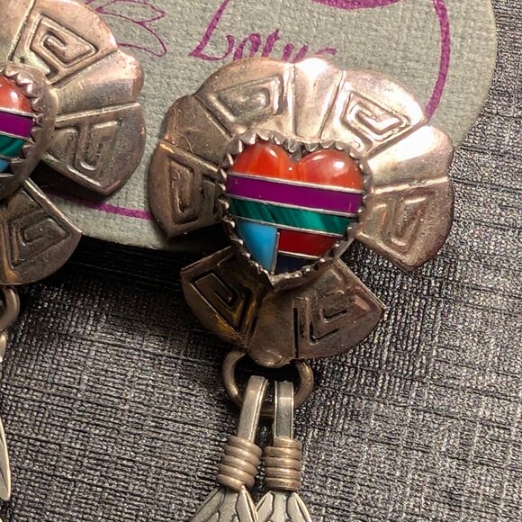 Vintage Southwest Style Sterling Silver Gemstone Inlay Heart & Feather Earrings - Picture 2 of 3
